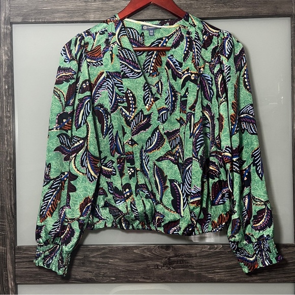 Democracy Leaf Print V-Neck Blouse Metallic Cottagecore Cropped Women's PM - Picture 2 of 12